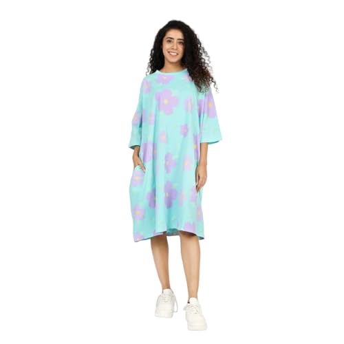 Image of LAMA STORE Women's Printed Oversized T-Shirt Dress, Cotton, 3 /4 Sleeve Length, Casual Loose Fit, Comfort Wear Extra Comfy Oversized Printed Pocket T-Shirt Dress