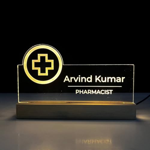 Image of Customized LED Name Plate for Office Desk Table Name Sign Birthday Gift For Doctor Pharmacist Drug Shop Medical Store Size (10 x 6 inch) (For Pharmacist)