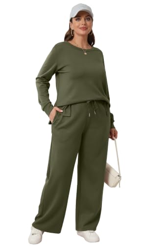 Image of WIHOLL Women's 2 Piece Lounge Sets Sweatshirt Casual Travel Outfits Fashion Wide Leg Tracksuit Cozy Sweatsuits