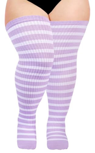 Image of Moon Wood Plus Size Thigh High Socks for Women Knit Cotton Extra Long Striped Over the Knee High Socks Leg Warmers