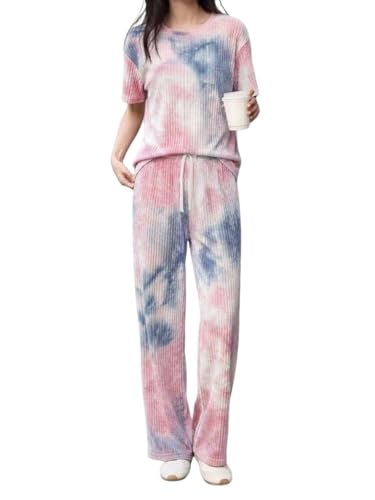Image of SMOWKLY Korean Night Dress |Summer wear | Lounge Wear |Everyday Pyjama Set |Tie-dye Relaxed Fit Stylish Pajama Sets | Short Sleeve Top & Long Pant Sleepwear Pjs Lounge Set Co-ords Outfit with Pockets
