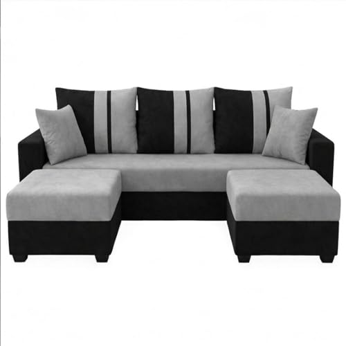 Image of Zenix 5 Seater L Shape Sofa Set with 2 Movable Ottomans | Flexible Layout | Rich Velvet Suede Fabric | Silver Legs | Spacious Seating | Modern Sofa for Living Room (Black-Light Grey)