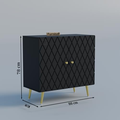Image of Modern Wooden Storage Cabinet with 2 Doors | Geometric Design Sideboard /Cupboard for Living Room | Multipurpose Organizer for Bedroom & Entryway | HDMR Premium Wood | Gold Metal Legs(Black)