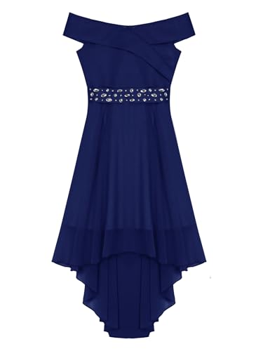 JEYPINMI Kids Flower Girl High-Low Dress Girls Off Shoulder Sleeveless Beads Chiffon Dress Wedding Party Gown3