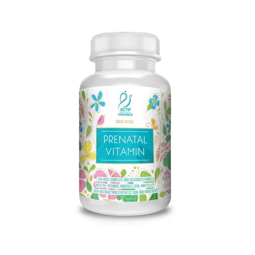 Actif Organic Prenatal Vitamin with 25+ Organic Vitamins, 100% Natural, DHA, EPA, Omega 3, and Organic Herbal Blend - Non-GMO, 90 Count