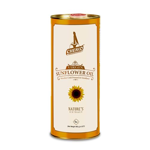 Image of Chekko Cold Pressed Sunflower Oil 1 Litre | Wood Pressed Sunflower Oil | Pure Unrefined Edible Cooking Oil | Rich in Vitamin E & Natural Oil for Cooking, Frying, Deep Fry, Sauteing & Daily Indian Cooking