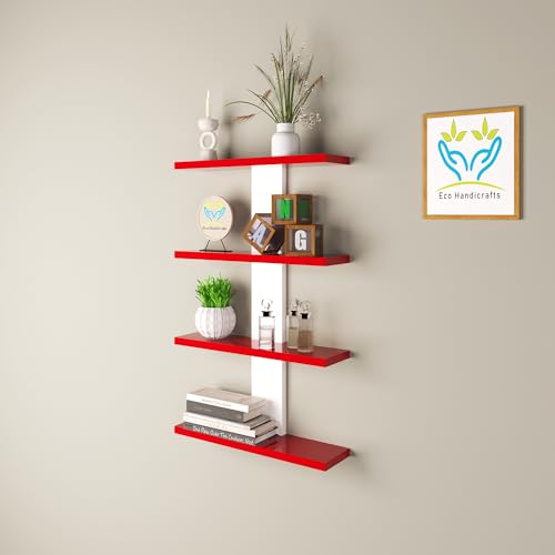 Image of Wooden Wall Mounted Floating Rack Shelves Book Stand Display Hanging Shelf Living Room Bedroom Storage Home Office for Decoration Showcase (Red White)