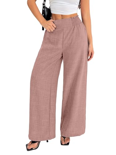 Image of Sugathari Women's Casual Wide Leg Pants - High Waist Elastic Waistband Loose Fit Long Trousers | Lightweight Straight Leg Summer PantsTrouser 254