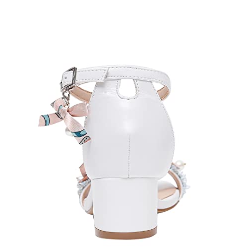 Women's Ankle Strap Block Heel Sandals, White Pearl Bow Decorated,3