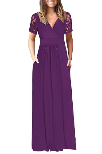 Image of AUSELILY Maxi Dresses for Women 2026 Lace Short Sleeve V Neck Wrap Long Dress with Pockets