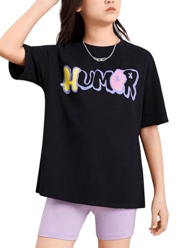 SweatyRocks Girl's Letter Graphic Print Half Sleeve T Shirt Round Neck Drop Shoulder Oversized Tees2
