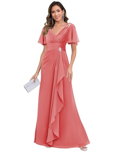 OFEYCHUN Short Sleeve Mother of The Bride Dresses Chiffon Ruffle Formal Evening Gowns for Wedding