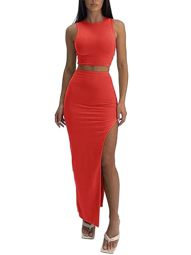 Image of ELLEVEN Sexy 2 Piece Maxi Skirt Sets for Women, Going Out Outfits | High Stretch, Lightweight, Slim Fit, Sleeveless Knit Crop Tank Top, High Slit Skirt Dress Set, Summer Date Night Outfits
