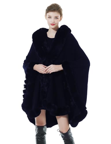 Women Faux Fur Shawl Wrap Winter Cape Poncho with Fur Trim Sleeveless Cardigan Dressy Cloak Coat