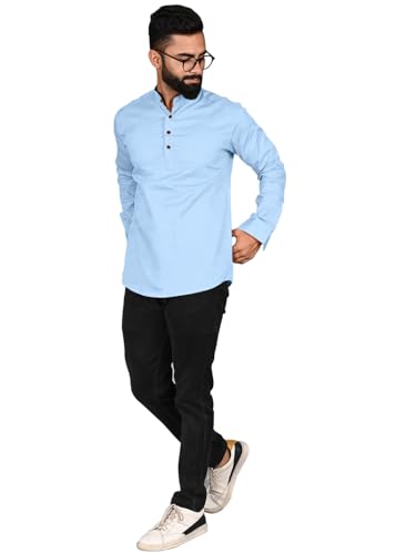 Image of ROYALSCOUT Men Cotton Blend Short Kurta with Mandarin Collar and Button Placket | Full Sleeve Regular Fit Ethnic Wear for Casual and Festive Use