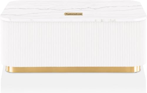 Image of Luxury Rectangle White Coffee Table with Nano Composite Marble-Look Top & Gold Base, Waterproof Plywood, Contemporary Center Table with Ribbed Fluted Design for Living Room & Home Decor