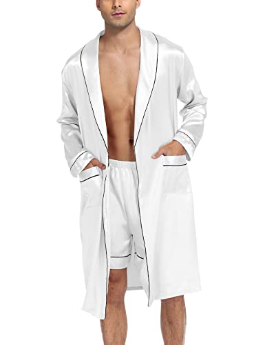 Swomog Men'S Silk Satin Bathrobe With Shorts Set Pocket Front Long Sleeve Sleepwear Belted Satin Long Robe thumb #2
