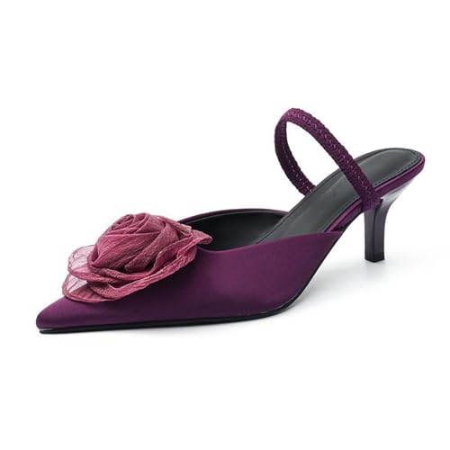 Women Flower Decor Kitten Heel SLingback Pumps Closed Pointed Toe Soft Upper Slip On Low Heel Dress Sandals with Elastic Ankle Strap For Dating Party Wedding Commuting