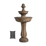 XBrand 39" 2-Tier Outdoor Freestanding Solar Water Fountain – Classic Sand Stone Resin Bird Bath with Pump – Solar Powered Garden Decor for Patio, Yard, Porch, and Lawn