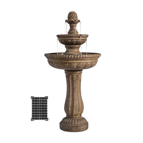XBrand 39" 2-Tier Outdoor Freestanding Solar Water Fountain – Classic Sand Stone Resin Bird Bath with Pump – Solar Powered Garden Decor for Patio, Yard, Porch, and Lawn