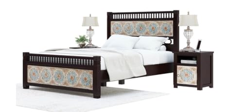 Image of Arman HANDICRAFTS Solid Sheesham Wood King Size Bed with Decorative Tile Headboard & Footboard | Wooden Bed Frame for Bedroom | Traditional Designer Bed | Dark Walnut Finish