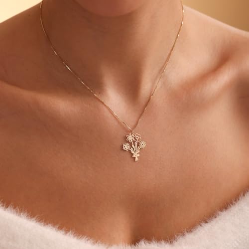 Personalized Birth Month Flower Birthstone Necklaces for Women, Custom Birth Flowers Bouquet Necklace, Customized Birth Flower Jewelry Pendant Necklace Gift for Her.2