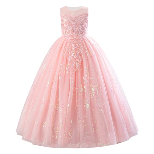 IDOPIP Sequin Appliques Flower Girl Dress for Kids Wedding Pageant Party Long Gown Princess Birthday Communion Tulle Dresses