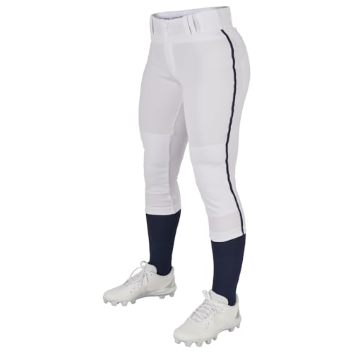League Outfitters Girl's Tournament Low-Rise Softball Pants with Side Piping - White,Navy - S