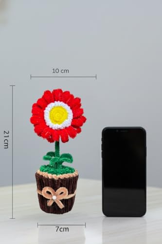 Image of Handmade Artificial Flower Pot for Home Decor | Cute Fuzzy Wire Pipe Cleaner Flower Plant | Aesthetic Tabletop Decorative Pot for Home, Office & Gifting (Soft Bloom :- White-Red)