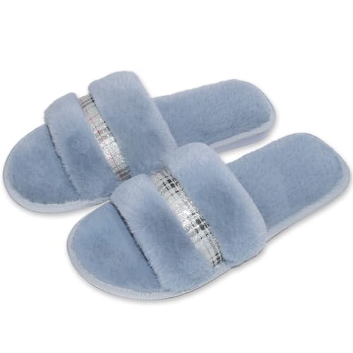 Aifong Women's Fuzzy Slippers Slides Plush House Bedroom Furry Slipper for Women Fluffy Open Toe Slides Slipper with Memory Foam Non Slip Indoor Outdoor