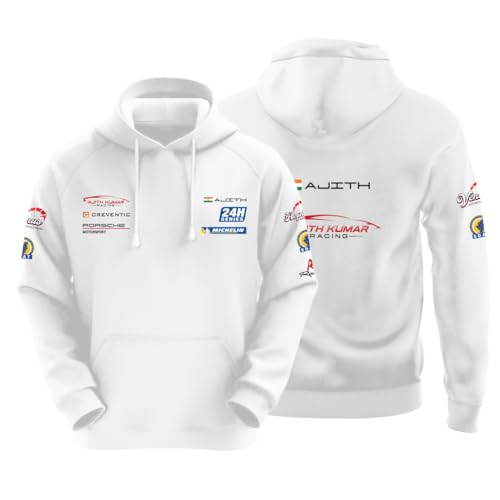 Image of DUDEME : Ajith Kumar Car Racing Motorsport Hoodie | AK Designs | Car Enthusiast for Men & Women White Hoodie 100% Cotton Car Printed Hoodies.