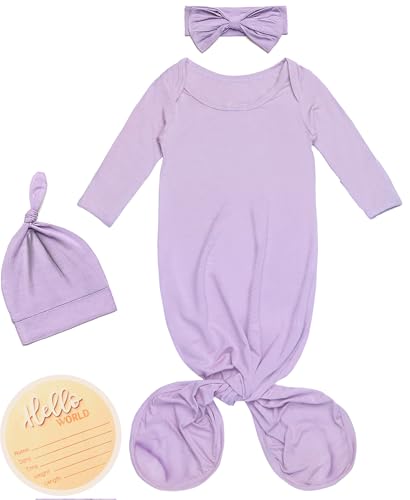 Image of Newborn Knotted Gown Baby Girl Boy Sleepers, Coming Home Outfit 0-3 Months, Soft Nightgown Clothes with Hello World Sign