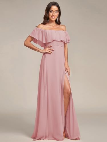 Image of Ever-Pretty Women's Summer Off The Shoulder Flowy Chiffon Formal Wedding Guest Dresses Maxi Side Split Beach Bridesmaid Dress