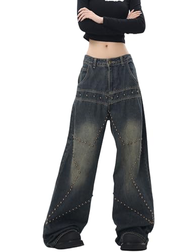 Street Fashion Loose Jeans Women's Y2k Rivet Star Gothic Loose Denim Pants