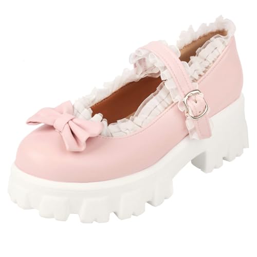 Parisuit Lug Sole Mary Jane Shoes Women Platform Goth Mary Janes Chunky Heel Pumps Sweet Lace Bow Dress Shoes