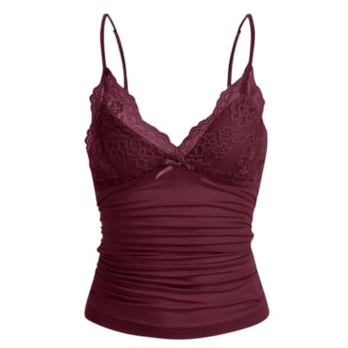 Women Y2k Lace Trim Cami Top Spaghetti Strap Fairy Grunge Tank Top V Neck Ruched Bow Lace Patchwork Cami Shirt