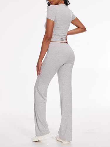 AnotherChill Women's 2 Piece Lounge Sets Straight Leg Pants Set Short Sleeve Crop T-shirt Casual Outfits Comfy Loungewear2