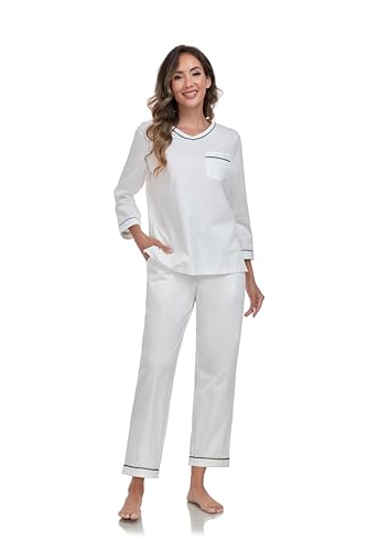 Image of COLORFULLEAF 100% Cotton Pajama Set for Women Long Sleeve Sleepwear with Pants Soft Comfy Two-Piece Pjs with Pockets