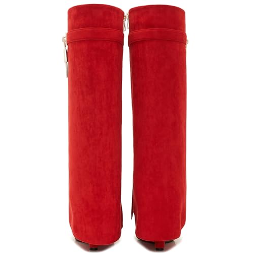 Image of Fold Over Boots for Women Pointy Pull-on Wedge Heel Knee Shark Boot With Side Zipper Padlock Design