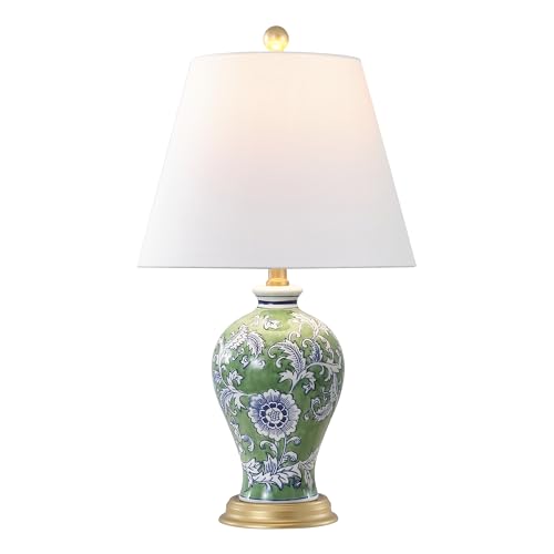 JONATHAN Y 24 Green/White French Country Ceramic Floral Urn Table Lamp White Linen Shade Chinoiserie Ginger Jar Bedside Lamp for Living Room Bedroom LED Bulb (JYL3009F)