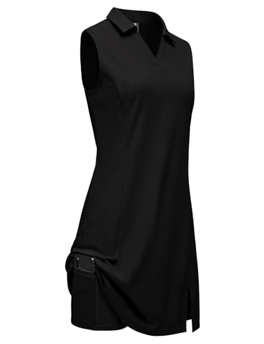 BGOWATU Women's Tennis Dress Sleeveless Collared V Neck Golf Polo Dress Side Slit Sports Dress with Shorts and Pocket2