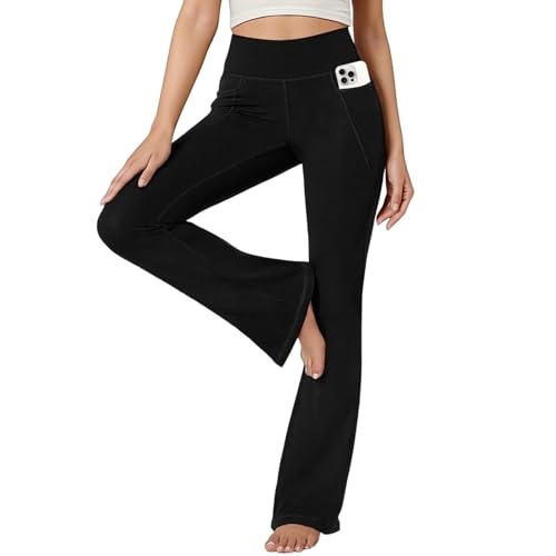 viiotu Womens Fleece Lined Flared Yoga Pants High Waisted Winter Bootcut Leggings with Pockets Warm Brushed Lined Flared Pants for Workout Yoga (UK Alpha XL Regular Regular Black)