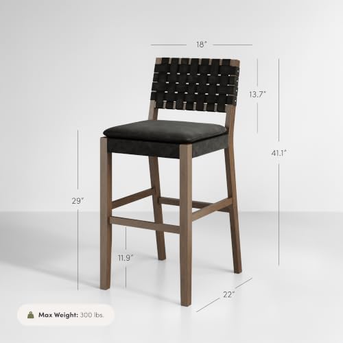 Image of Nathan James Cohen Mid-Century Modern 29 in. Wood Bar Stool, Upholstered Faux Suede Bar Height Stool with Solid Wood Frame, Black