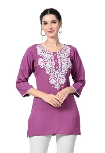 Image of LIBOZA Kurti for Women - Short Chikankari Kurtis for Girls, Lakhnawi Tunic Top Kurta Design for Ladies, Woman Ethnic Kurthis & Shirt with Sleeve