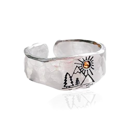 Vintage Mountain Sunset Band Ring for Women Silver Plated Adjustable Statement Nature Forest Landscap Knuckle Hugging Wrape Rings Wedding Christmas Holiday Jewelry Delicate Gifts