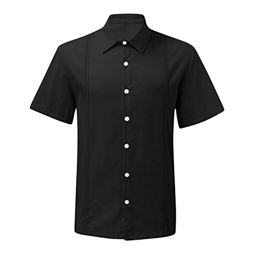 Maiyifu-GJ Men's Short Sleeve Cotton Linen Shirts Lightweight Summer Button Down Shirt Plain Tropical Holiday Beach T Shirt (Black,Large)