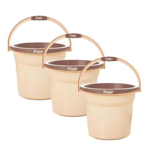 Image of FLAIR Estella 19L Set of 3 Plastic Bathroom Bucket, Beige | Strong & Durable Water Storage Bucket with Easy-Grip Handle | Virgin Plastic, Lightweight & Multipurpose for Bathing and Daily Use