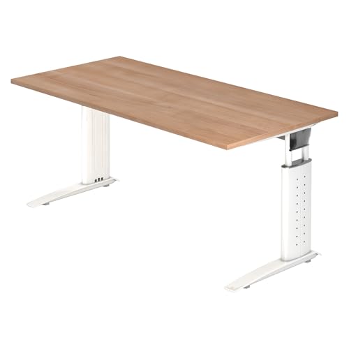bümö höhenverstellbarer Schreibtisch U-Serie 160x80 Nussbaum, Gestell in weiß - PC Tisch für's Büro manuell höhenverstellbar, Computertisch verstellbar