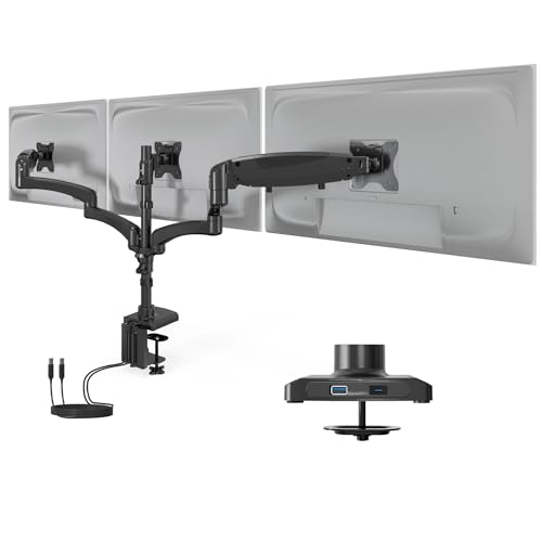 Mount-It! Triple Monitor Mount, 3 Monitor Desk Mount with Gas Spring Arms, Fits 13–32 Inch Screens up to 17.6 lbs per Arm, VESA 75 & 100, Clamp or Grommet Base, USB-A & C Ports, Black