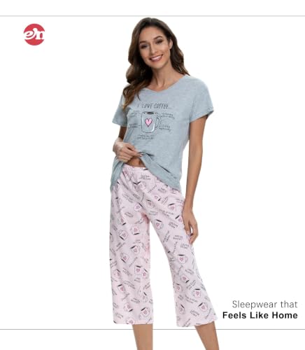 Image of ENJOYNIGHT Womens Pajama Sets Cotton Pj Set Short Sleeve Top With Capri Pants Sleepwear 2 Piece Lounge Set